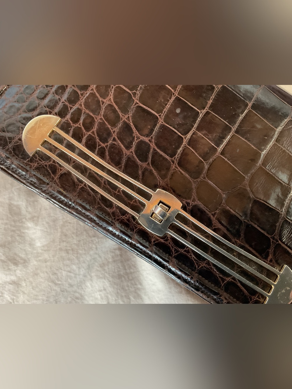 Vintage Croc-Embossed Dark Brown Top-Handle Women's Bag - Picture 2 of 6